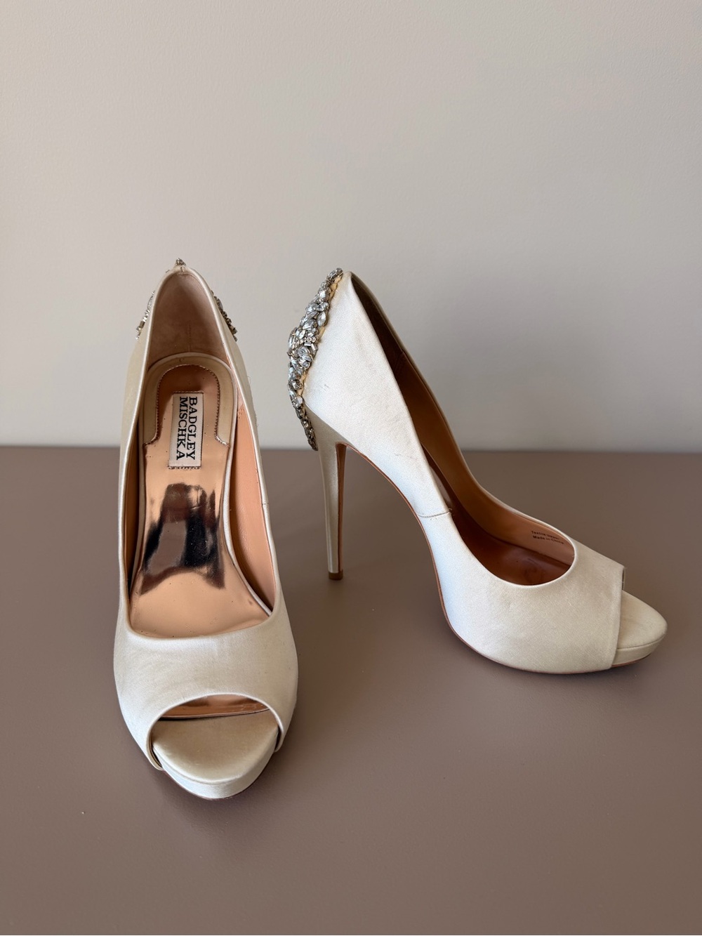 Badgley Mischka Ivory Satin Peep-Toe Heels with Crystal Embellishment